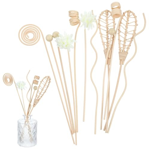 12 PCS Reed Diffuser Stick Rattan Flower Reed Fragrance Diffusers Set, 6 Style Natural Rattan Wood Oil Diffuser Sticks Replacement Refill Sticks for Living Room, Bathroom, Bedroom, Office, Home Decor