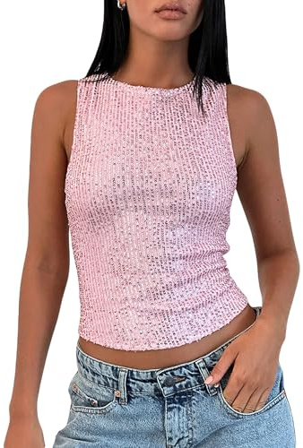 Women's Sequin Tank Tops Sleeveless Crew Neck Glitter Slim Fit Vest Y2K Glitter Tops for Club Party (A-Pink, S)