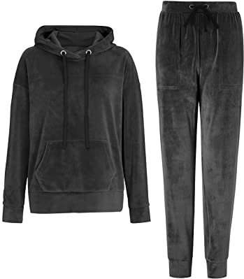 REORIA Womens Long Sleeve Hoodie Jogger Crewneck Two Piece Outfit Tracksuit Solid Color Sweatshirt and Sweatpants Set Black XL