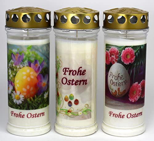 Kerzen Junglas - 3 Grabkerzen Ostern mit 7 Tagen Brenndauer, (3847), schöne Grablichter mit Spruch und Motiv, mit Deckel, Grabschmuck wetterfest, Trauerkerzen mit Spruch, Friedhofskerzen