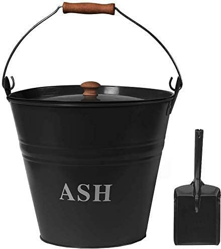 UniverseGismo Carry Ash Bucket with Lid & Handle Tools Fire places Fire Pits Wood Coal Burning Stove Metal Charcoal Bin Box Outdoor Indoor Galvanised Black (Ash Bucket + Shovel)