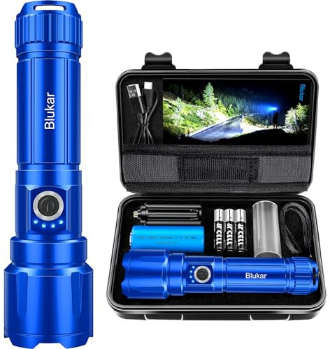 Blukar Linternas LED Alta Potencia, Recargable Linternas con 5 Modos de Luz, Zoomable, Impermeable Portátil Linterna para Camping/Senderismo/Al aire Libre/Emergencias