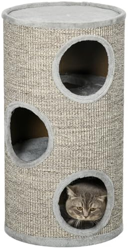 PawHut Cat Barrel Kitten Tree Tower for Indoor Cats, Cat Climbing Frame, Covered in Sisal, Cosy Platform - Light Grey