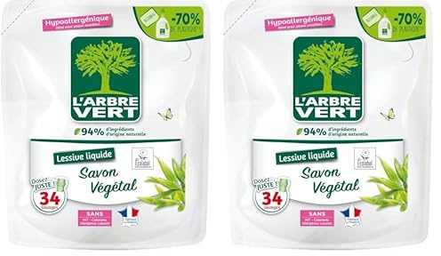 L'ARBRE VERT L'arbre vert - recharge lessive 1.5 l savon vegetale - 34 lavages - Le bidon de 1,53 l (Lot de 2)
