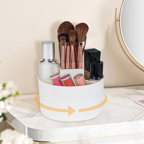 LOPHE Make Up Organizer, 360°Drehbarer Schminktisch Organizer, Kosmetik Pinselhalter Organizers Aufbewahrung Etui, Schmink Pinsel Makeup Organizers für Frisiertisch,Schlafzimmer,Bad(Elfenbeinweiß)
