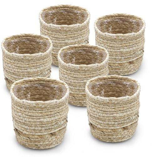 Mini macetero de mimbre de hierba de 10 cm, juego de 6 unidades, macetas de fibras naturales con revestimiento de lámina, para habitaciones, plantas, paja, cesta de algas marinas, cesta para hierbas