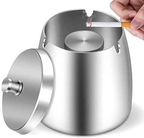 Aschenbecher, Aschenbecher mit Deckel (9×8×9cm), Edelstahl Aschenbecher für Draussen, Sturmaschenbecher als Windaschenbecher, Standaschenbecher mit Rutschfest Boden für Draußen und Innen (Silber)