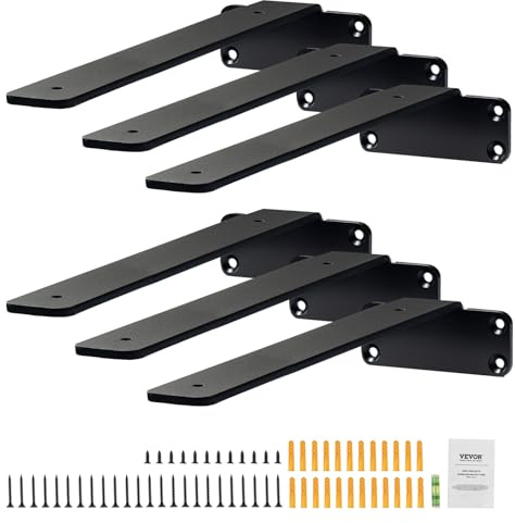 VEVOR Équerre d'étagère, 261 x 100 x 45mm, supports d'étagères flottants robustes, 6 pièces, supports pour étagères en L noir mat de 5 mm d'épaisseur, en acier avec une capacité de charge de 72,6 kg