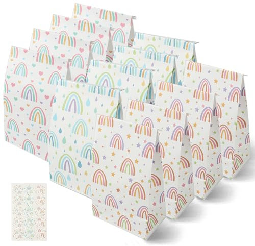 12Stks Partytüten aus Kraftpapier, 13x22x8cm Regenbogen Bonbon Tüten, Flachem Boden Geschenktüten, Farbige Geschenktüten, Lebensmitteltüten mit Aufklebern, Bunte Papiertüten für Kinder Geburtstag
