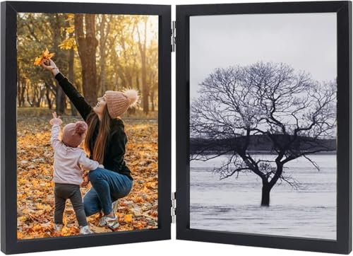 6x4 Inch Hinged Folding Picture Frame - Double Wooden Photo Frame with Glass Front, Tabletop Display, Desktop Stand Front Stand Vertical on Desktop Black（Black）