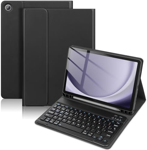KTOITION Funda con Teclado Compatible con Samsung Galaxy Tab A9+ 11 Pulgadas 2023 con Película Protectora [Español], SM-X210/X216/X218, Funda Protectora con Portalápices (Negro)