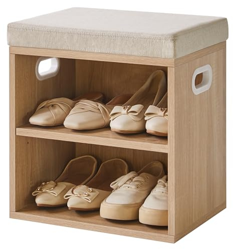 YMYNY Banco Zapatero con Asiento, 2 Gradas Zapatero Pequeño, Estante Regulable en 3 Alturas para Sala de Estar, Pasillo, Dormitorio, 42H*39L*28Wcm, Luz Natural HBD028R