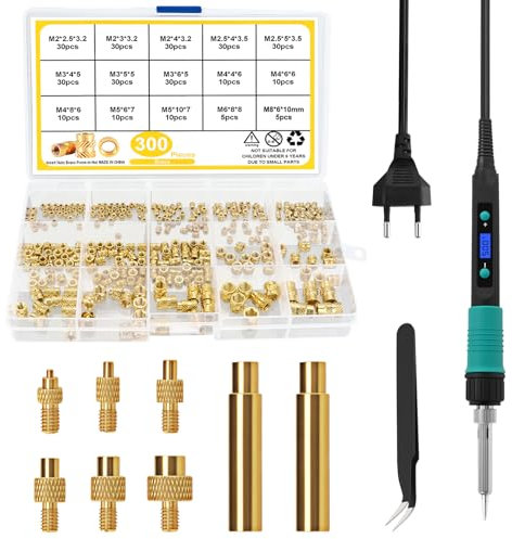 Set di punte per saldatura, 310 pezzi, 100 W, LCD, temperatura regolabile, saldatore con 6 punte di saldatura, 300 inserti filettati M2 M2.5 M3 M4 M5 M6 M8 3D pressione dadi monofusione ecc