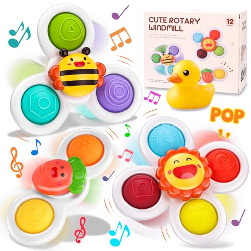 Mexgcom 4 PièCes Spinner BéBé Ventouse, Morceaux de Jouets pour BéBéS, sans BPA, Jouet de Bain BéBé (Abeille)