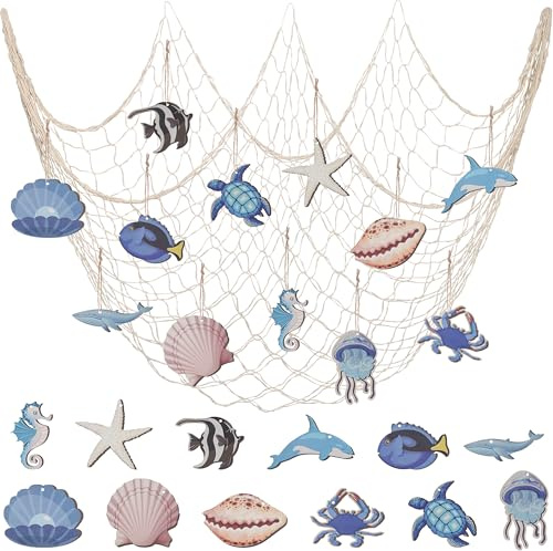 Kepfire 14Pcs Nautical Fish Net Wall Decoration with Turtle Fish Starfish Shell Whale Hangings Decorative Fishing Net for Pirate Party Ocean Themed Party Mediterranean Decor