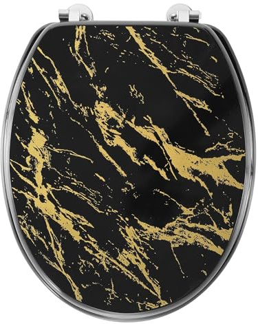 Douceur d'Intérieur, Abattant WC à Charnières Métal (37 x 47 cm) Aquamarbre Noir/Or, MDF Imprimé Métallisé