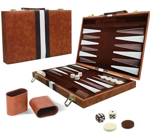 KBIBCK Set backgammon, valigia backgammon, giochi da tavolo classici per 2 giocatori, set di giochi di strategia da viaggio portatile con custodia in pelle PU, scacchi e dadi per adulti, bambini