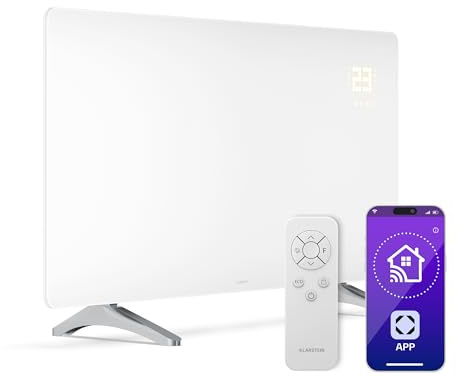 Klarstein Pannelli Radianti Infrarossi 720W – Parete o Indipendente, WiFi, Touch & App, Termostato, Timer, Sicurezza Bambini, IP43, Vetro, Riscaldamento a Infrarossi 14m², Bianco