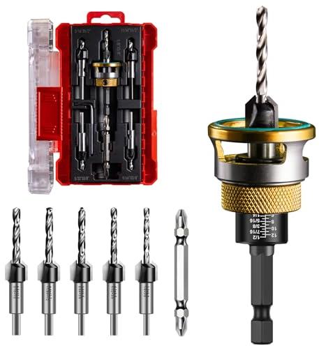 Countersink Drill Bit Set - 5 Pcs Countersink Drill Bit with Aluminum Alloy Depth Stop Collar, HSS M2 Bearing Stopper Anti-Scratch, 82° Counterbores 1/4” Hex Shank for Woodworking Tools & Hand Tools