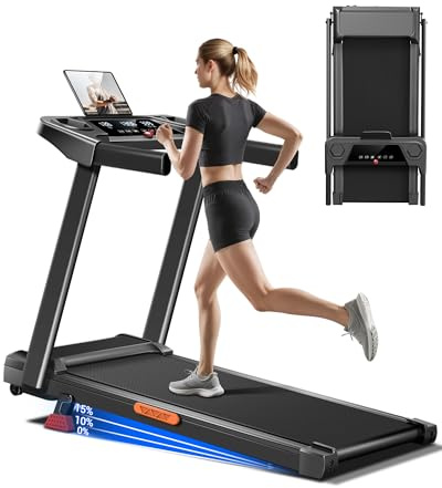 UMAY Tapis de Course Pliable 12km/h,Tapis de Marche Electrique 2,5 CV/1800W avec Moniteur de Fréquence Cardiaque,APP et Haut-parleur Bluetooth,Tapis Roulant avec 12 programmes d'entraînement et inclin