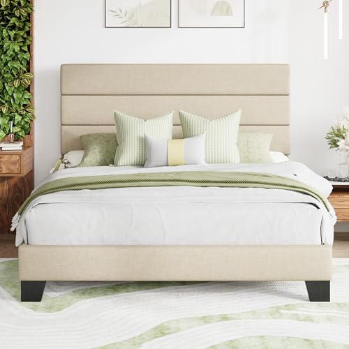 MUTICOR Letto Imbottito 140 x 200 cm con Spazio sotto il Letto, Letto Matrimoniale con Testiera Imbottita, Rivestimento in Tessuto, Rete a Doghe in Legno Stabile, Facile Montaggio, Beige