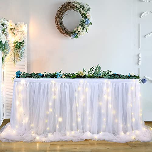 HBBMAGIC Weiß Tüll Tischrock Mit Licht, 2-Langer 275cm Lang Weiß Rüschen Tulle Tischröcke, Waschbarer Tutu Tischrock für Hochzeit Party Geburtstag Babydusche Kuchen Dessert Taufe Tisch