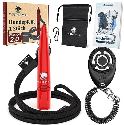 Weidebach® Hundepfeife mit lautem und gleichbleibendem Ton für Training mit Hund, genormte Frequenz, angenehmes Band und Mundstück, inkl. E-Book + Leckerlibeutel für gelungenes Rückruftraining, rot