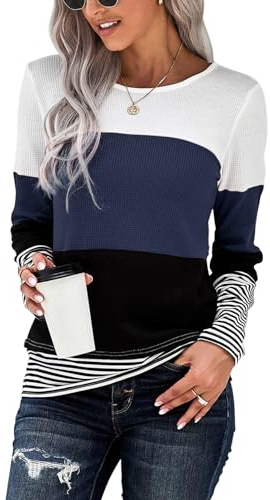 TOMEEK Camiseta Mujer a Rayas Gofre Blusa Mujer Invierno Camiseta Manga Larga Mujer Cuello Redondo Túnica Tops Casual Camisas Otoño, Azul Marino, Talla S