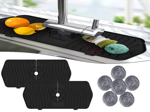 Anlising Silikon Wasserhahn Matte, 2PCS Silikon Wasserhahn Spritzschutz, Tropffänger-Matte,Wasserhahn Absorbierende Silikon Matten, Senden 6 Edelstahl Topfkratzer, für Spüle Küche Badezimmer (Schwarz)