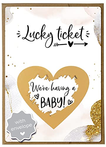 Joli Coon Pregnancy Announcement Scratch Card, We're Having a Baby | 350gsm designer paper, tactile UV finish, natural envelope with gold heart, scratch panel