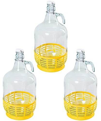 MIKONI 3 palloncini per fermentazione da 5 l, con chiusura a strappo e cestino in plastica gialla, bottiglia di vetro, palloncino da vino