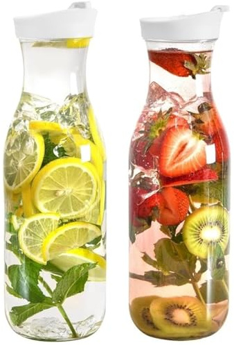 DilaBee (2-Pack 50oz) Plastic Water Pitcher with Lid, Round Carafe with Lids. Pitchers for Drinks, Iced Tea, Mimosa Bar - Lemonade Pitcher, Iced Beverage Dispensers. BPA-Free Juice Jar - HANDWASH ONLY
