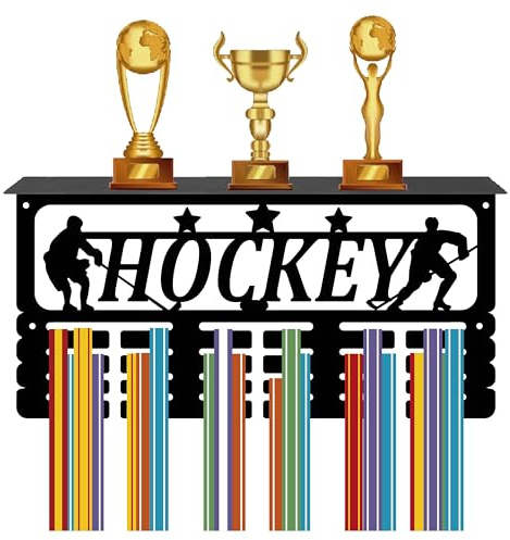CREATCABIN Porta Medaglie da Hockey Scaffale per Trofei Appendi Medaglie con Supporto per Mensola Sport 4 Montaggio A Parete Contiene 70+ medaglie per Uomo Ginnastica Calcio Corsa Nuoto 40x20x10cm