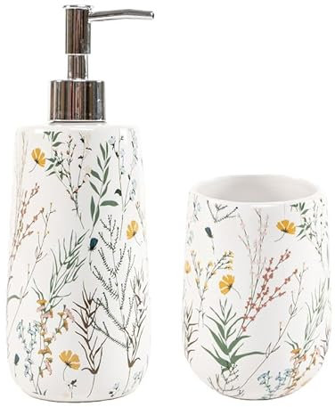 ROCKING GIFTS Blumendesign Badezimmer-Set | Seifenspender & Keramikbecher | Badaccessoires Set mit Zahnputzbecher & Spender für Flüssigseife | Geschenkset Bad Deko für Waschbecken | Landhaus Vintage