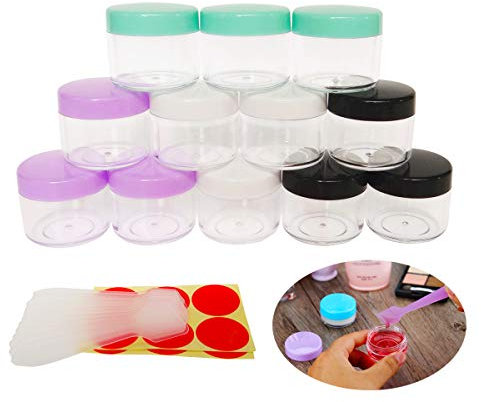 Wopanxye 12 Stück Döschen, 20g/20ml Leer Transparent Klein Kunststoff Cremedose - für Kosmetikdose, Lippenbalsam Döschen, Nailart Döschen, Mit Schwarz Schraubdeckel und 12 Stück Mini Spatel & Label