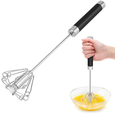 Wenrecu Semi-Automatic Spin Rotary Whisk and Hand Push Egg Beater, Stainless Steel Hand Baking Mixer, Cooking Utensils for Blending, Whisking, Beating