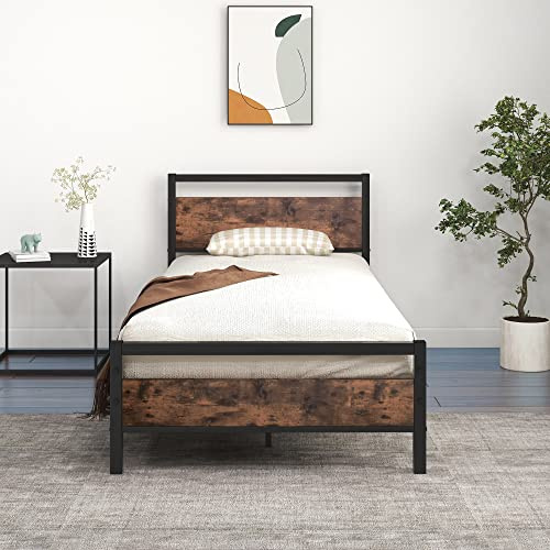 JELUTE Struttura del letto a piattaforma in metallo 3 FT (91 cm) singolo con testiera e pediera in legno, supporto in acciaio resistente, non necessita di rete a molle (box spring), montaggio facile