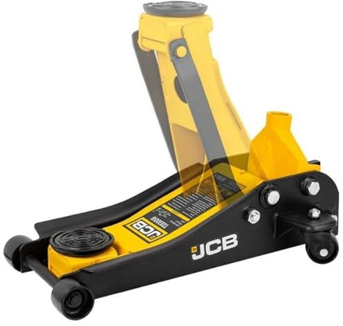 JCB 2.5 Tonne Low-Profile Hydraulic Trolley Jack, Steel construction, Lift vehicles with up to 455mm of lift height, including SUVs, cars, and light commercial vehicles.