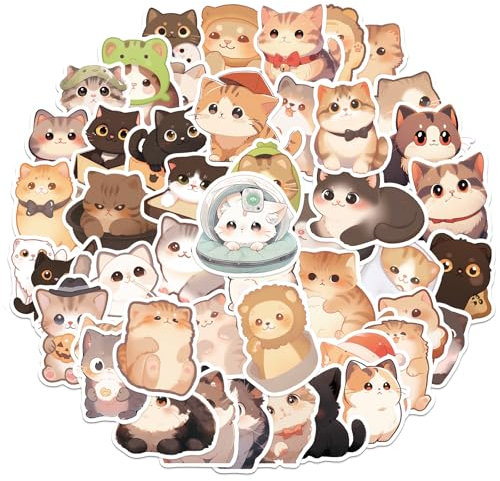 AOZUO 50 Stück Katzen Sticker,Niedliches Aufkleber Katze,Kawaii Katzen Aufkleber Lustige Cartoon Tier Ästhetik Aufkleber Wasserfest Selbstklebende Vinyl Aufkleber für Scrapbooking Planer Tagebücher