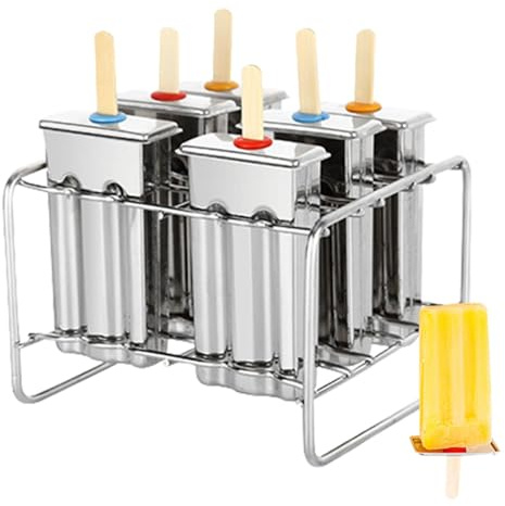 Moldes de acero inoxidable para paletas | Molde portátil para helados - Moldes de metal para paletas de hielo, moldes de acero inoxidable con soporte, 6 moldes de helado con 100 palos de madera