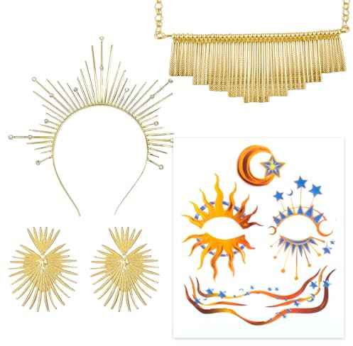 GWAWG 4 Pièces déesse du soleil Tiara et couronne Sunburst Bandeau de tête,décoration du visage,collier déesse du soleil et boucle d'oreille pour Cosplay Festival de mariage de la veille du nouvel an