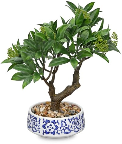 Oairse Artificial Bonsai Tree Small Bay Laurel Bonsai Tree 33cm Indoor Bonsai Tree Fake Potted Plant Decorative Fake Desk Plant with Ceramic Pot for Home Office Living Room Bathroom Table Shelf