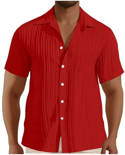 UHouse Chemise Homme Chemises Manches Courtes Boutonné Chemisette Grande Taille Fin Cut Vêtements D'Été Button Down Shirt Leger Col Mao Respirant Habit Rouge XL