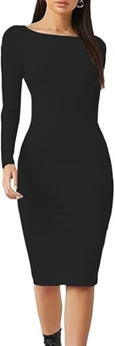 harlogistics Plain Bodycon Midi Dress for Women - Long Sleeve Maxi Dress for Ladies - Round Neck Casual/Party/Formal/Outdoor Bodycon for Girls - – Suitable for The Holiday, Travel, Party (Black, 10)