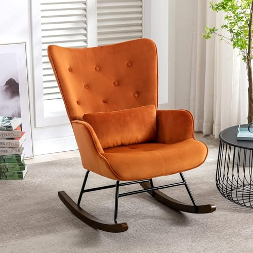 HomeMiYN Rocking Chair Confortable en Velours Rembourré avec Support Lombaire, Fauteuil à Bascule Allaitement Scandinave, Chaise à Bascule pour Salon, Chambre, Balcon, Chambre Bébé, Nursery – Caramel