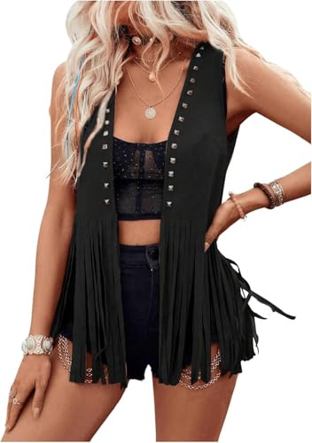 LYSINK Women Tassel Vest 70s Hippie Cowgirl Western Faux Suede Rivets Sleeveless Fringe Waistcoat Streetwear Outerwear (Ba Black, XL)