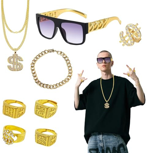 FUIPVGI 8 Pezzi Hip Hop Costume Accessori Kit Pimp Costume, Hip Hop Anno 70 80 90 Gangster Accessori, Collana Dollaro Anello Simbolo Occhiali da Gangster Sole Oro Set per Carnevale Halloween (Oro)
