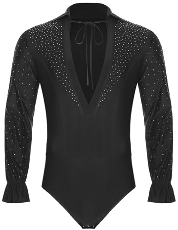 Agoky Camicia da Ballo Latino Americano Uomo con Strass Body da Danza Classica Maniche Lunghe Bodysuit Leotard da Balletto Danza Standard Sala Tango Pattinaggio Nero S