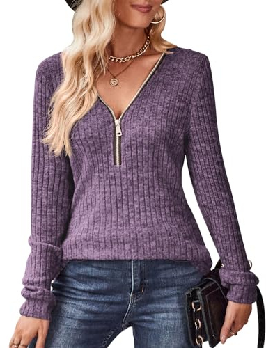 Gemulate Long Sleeve Tops Lilac Jumpers for Women Slim fit Tunic Ladies v Neck Pretty Sweatshirt Autumn Clothes Womens Deep Purple M