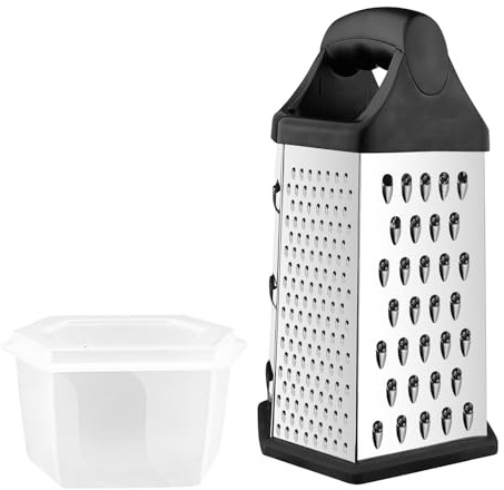 Zencantorous Käsereibe, Vierkantreibe, Reibe Edelstahl, Küchenreibe, Kartoffelreibe, Gemüsereibe mit rutschfestem Boden, 6 Reibeflächen, für Kartoffeln, Karotten, Knoblauch, Gurken, Silber